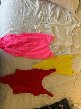 Set of 4 Ribbed Bodysuits in Hot Pink, Red, Neon Yellow, White